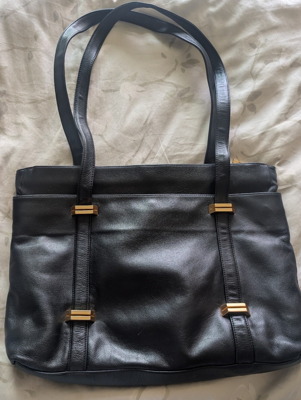 Vintage Perlina Black Leather Tote Bag with Gold Accents
